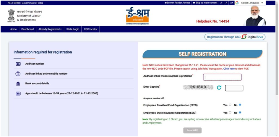 E Shram Card Registration At @ Eshram.gov.in 