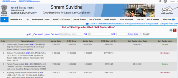 View the List of Startup - Shram Suvidha Portal